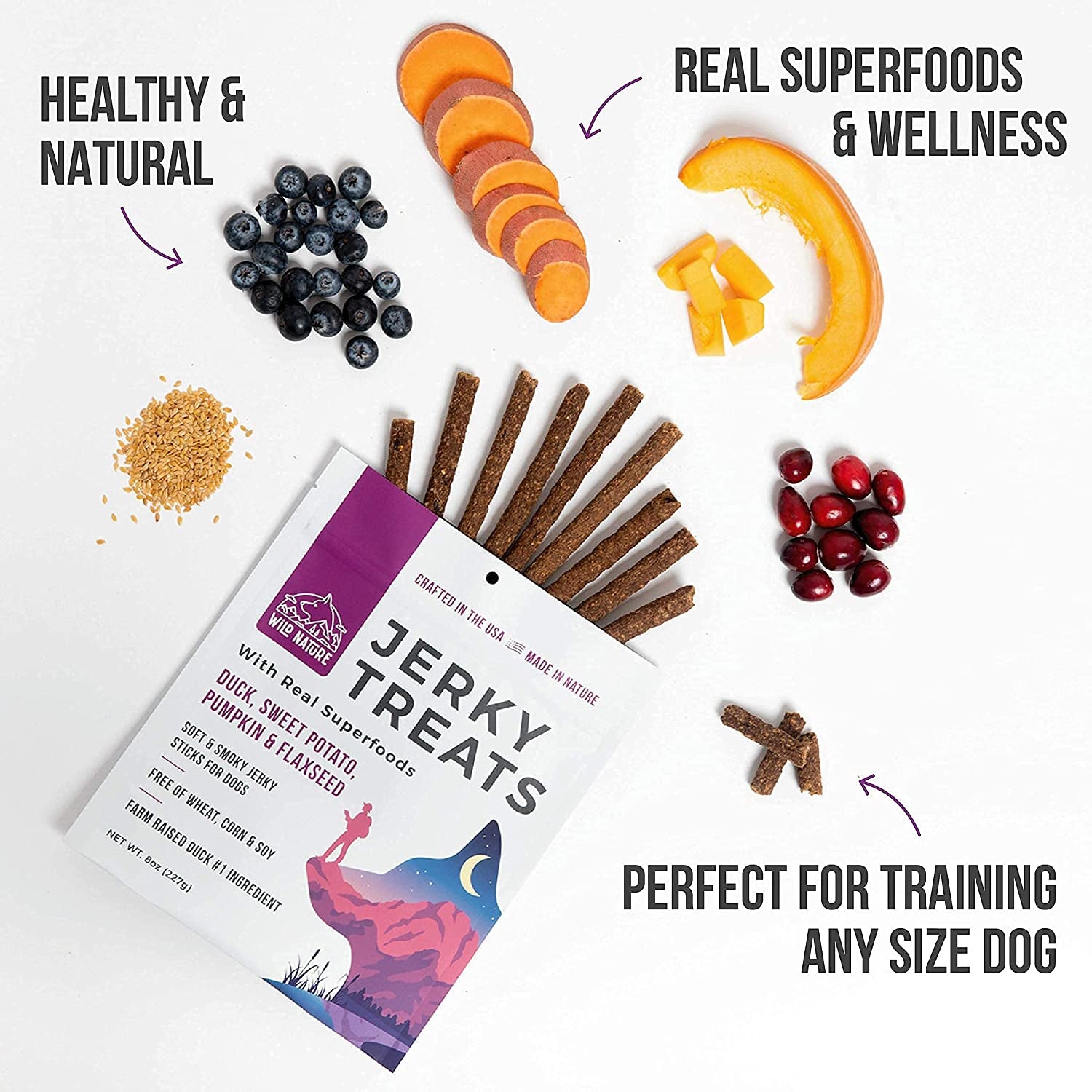 WILD NATURE Duck Jerky Dog Treats | Healthy, All-Natural Duck Jerky Sticks Made in the USA Only | High Protein, Soft Chew Dog Jerky Treats | Grain Free Superfoods | Perfect Duck Dog Training Treats