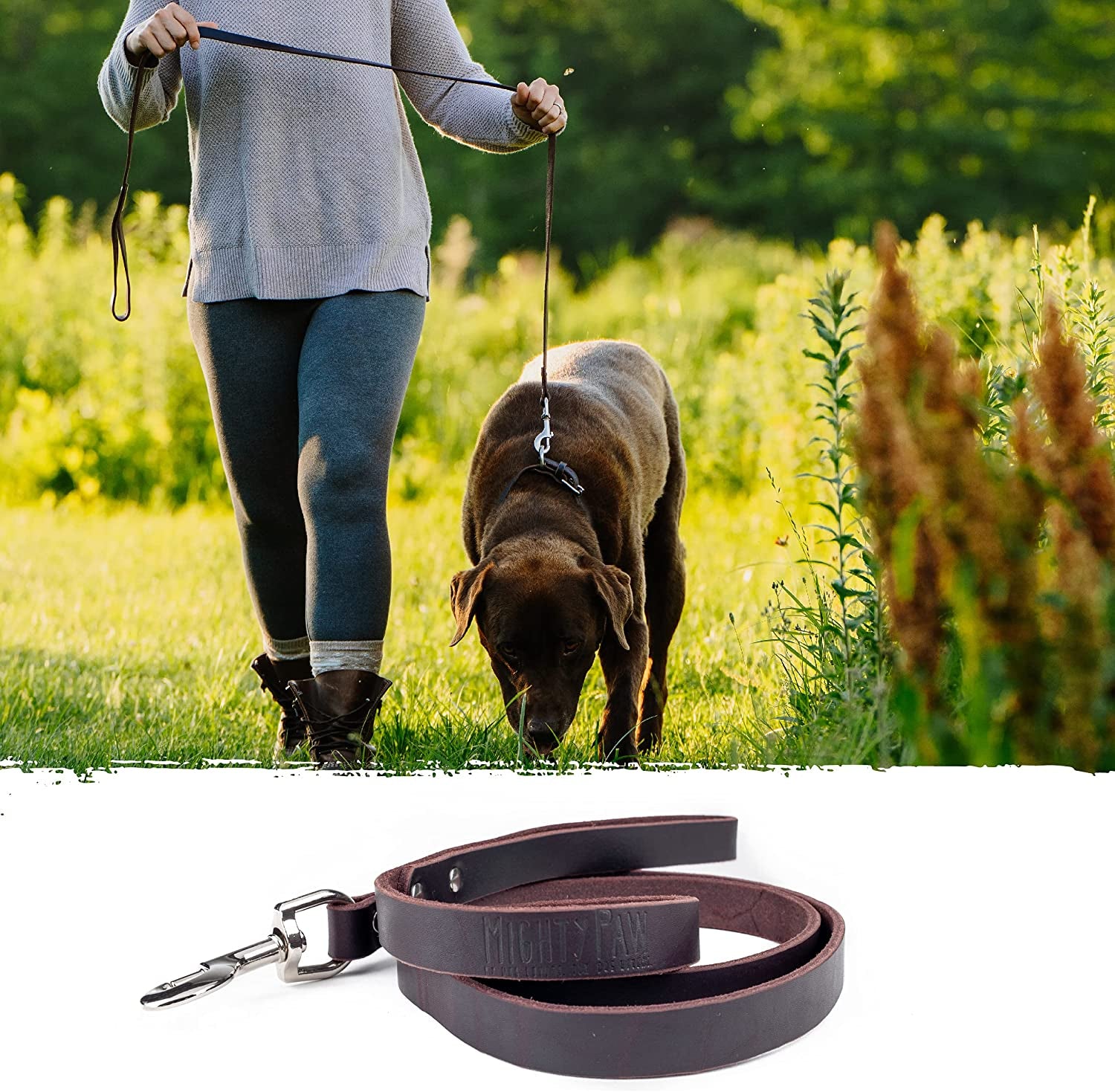 Mighty Paw Leather Dog Leash - Genuine Distressed Material - Premium - Suitable for All Pet Sizes - Heavy Duty Dogs Leashes - Modern - Dark