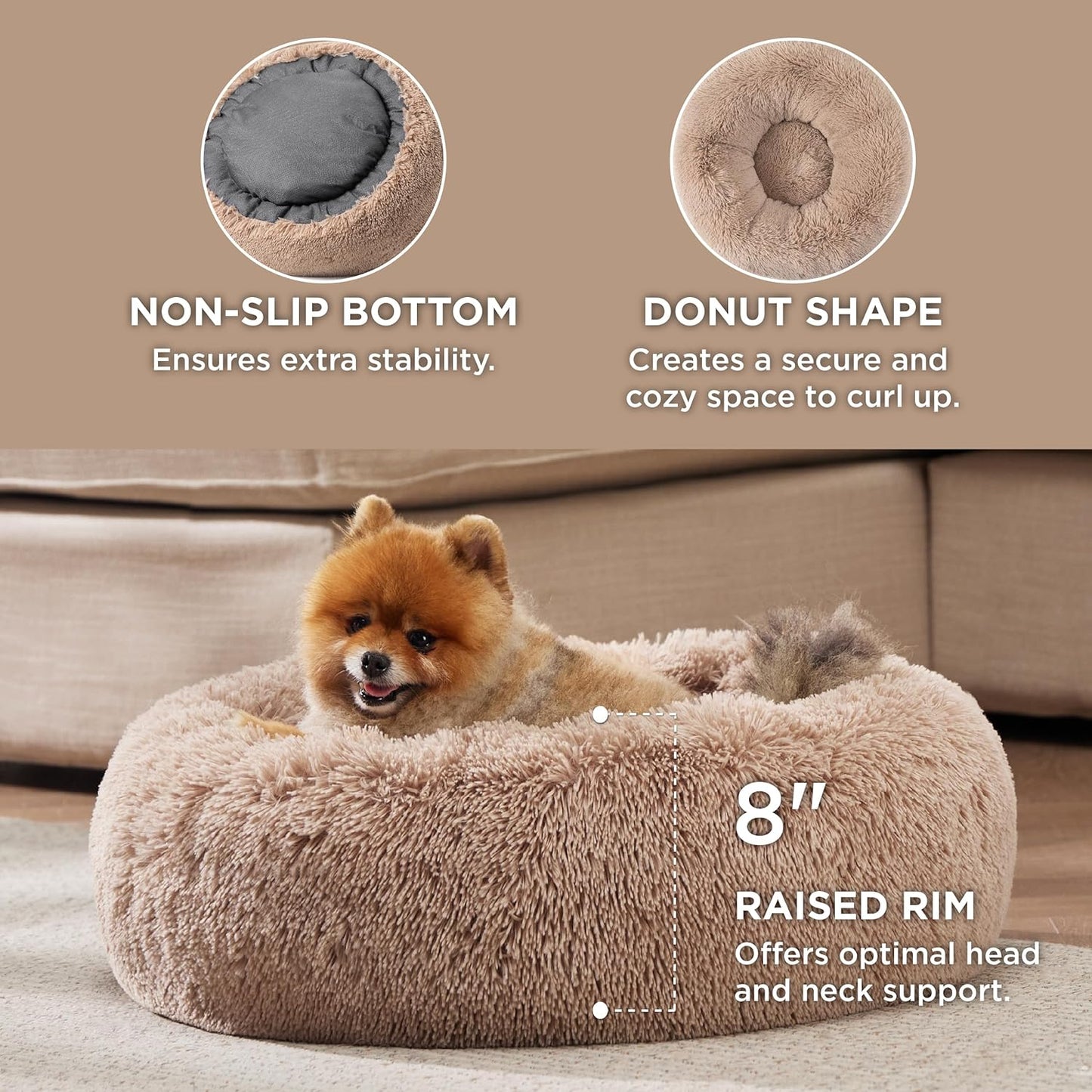 Bedsure Calming Cat Beds for Indoor Cats - Small Cat Bed Washable 20 Inches, Anti-Slip round Fluffy Plush Faux Fur Pet Bed, Fits up to 15 Lbs Pets, Camel