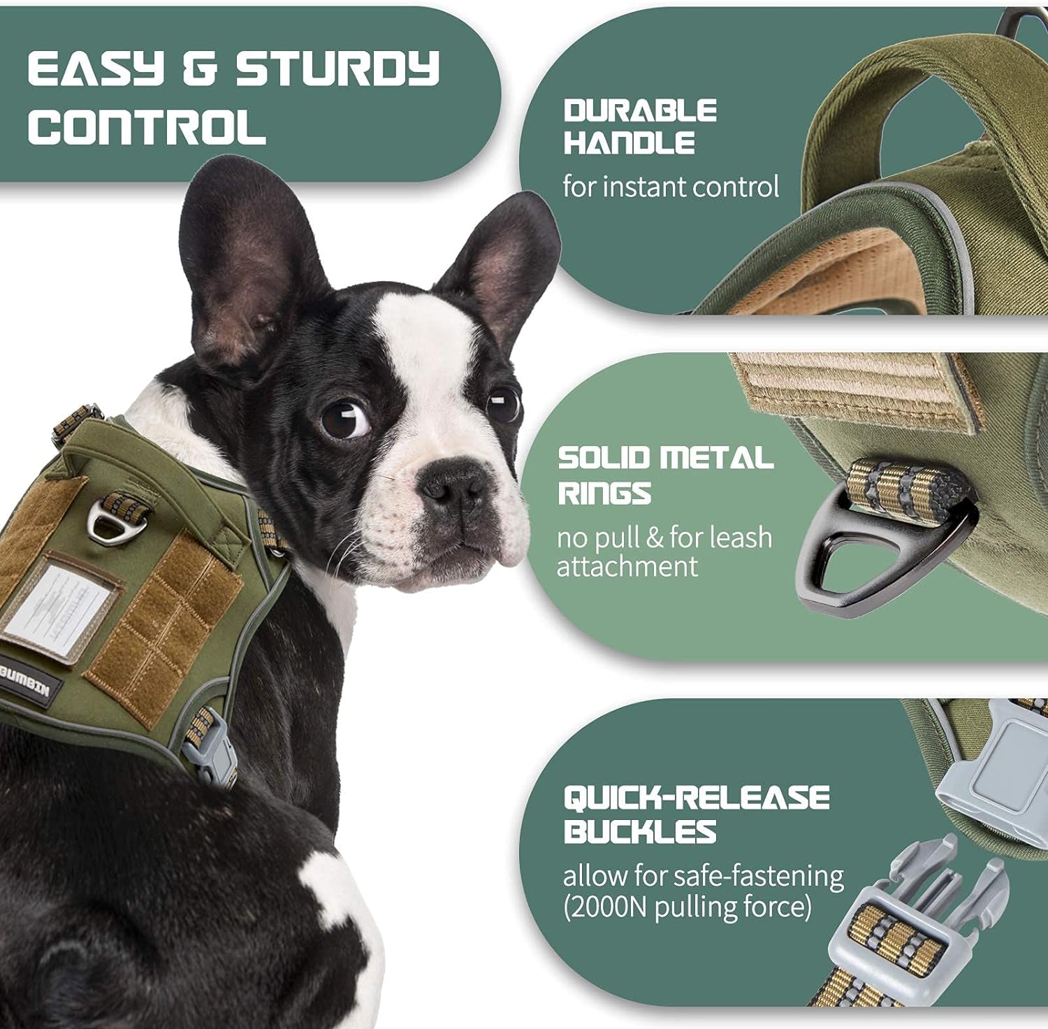 BUMBIN Tactical Dog Harness for Medium Dogs No Pull, Famous TIK Tok No Pull Dog Harness, Fit Smart Reflective Pet Walking Harness for Training, Adjustable Dog Vest Harness with Handle Green M