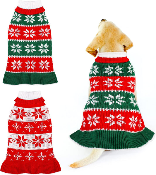 Pedgot 2 Pack Dog Christmas Dress Warm Dog Xmas Sweater Pet Christmas Clothes Stripes Dog Knit Sweater Dress Dog Winter Warm Pullover with Snowflakes and Christmas Flowers (M)