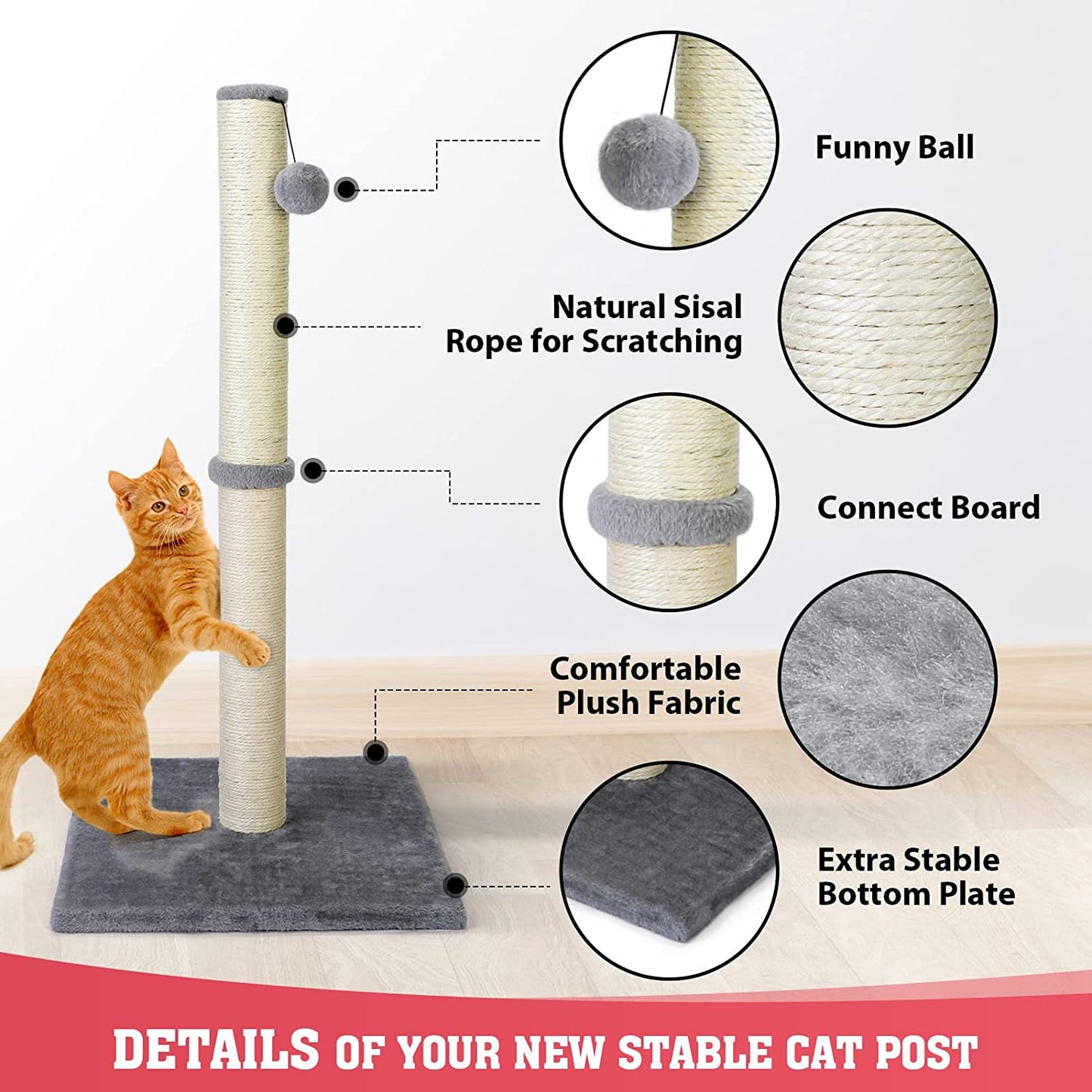 Petellow 31'' Tall Cat Scratching Post - Cat Claw Scratcher with Hanging Ball - Scratching Posts for Indoor Large Cats - Durable Stable Cat Furniture with Sisal Rope - Cat Scratch Post-Grey