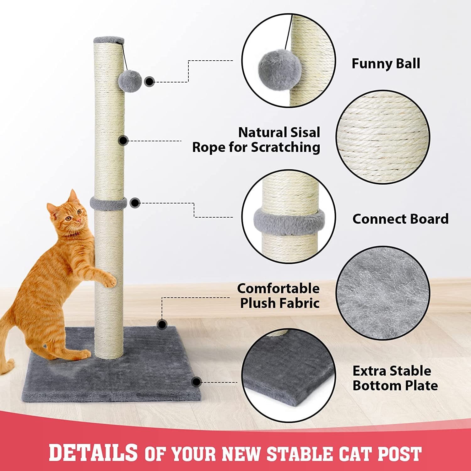 Petellow 31'' Tall Cat Scratching Post - Cat Claw Scratcher with Hanging Ball - Scratching Posts for Indoor Large Cats - Durable Stable Cat Furniture with Sisal Rope - Cat Scratch Post-Grey