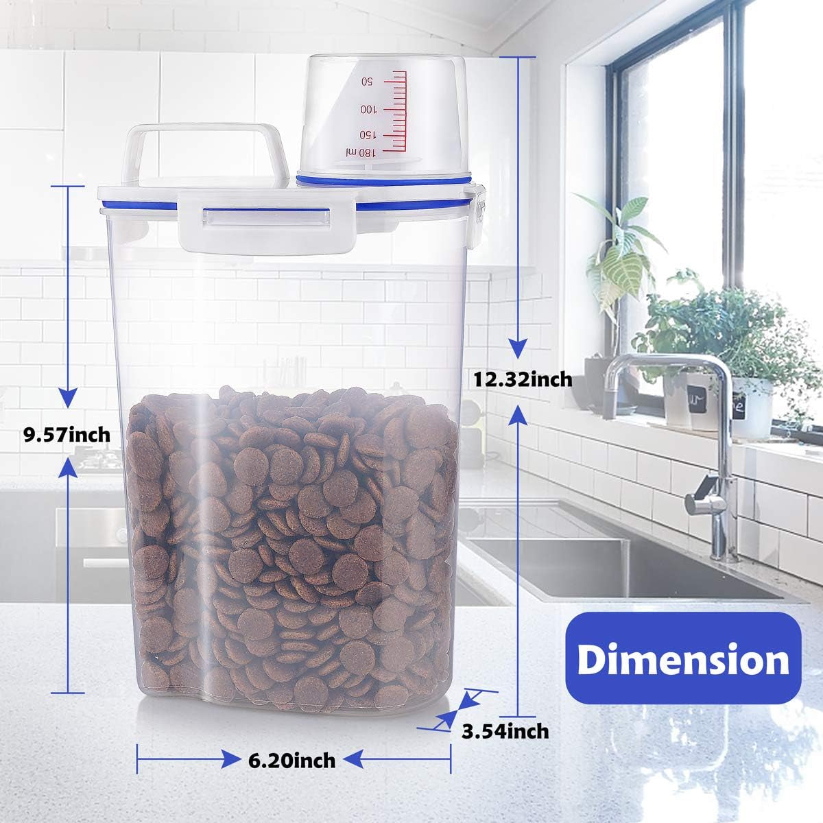 Kytely Airtight Pet Food Storage Container with Measuring Cup and Scoop, Small Size for Dogs, Cats, and Birds (White)