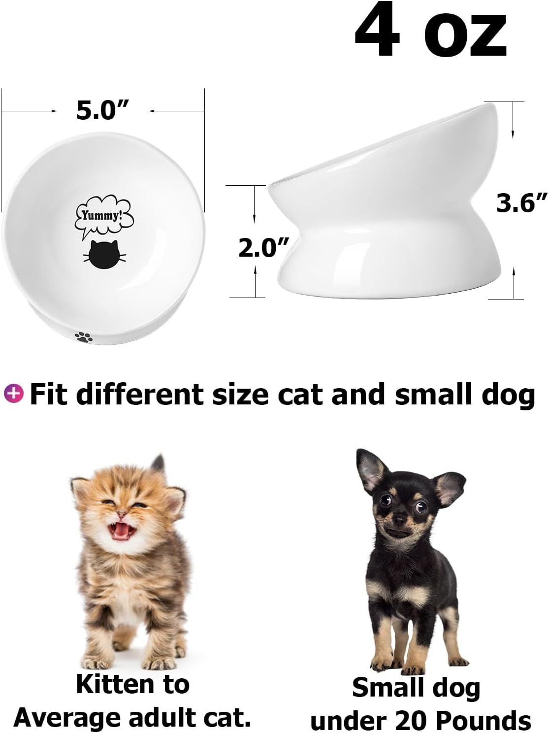 Y YHY Cat Bowl anti Vomiting, Raised Food Bowls, Tilted Elevated Bowl, Ceramic Pet Food Bowl for Flat Faced Cats, Small Dogs, Protect Pet'S Spine, Dishwasher Safe (5 Inches, White)