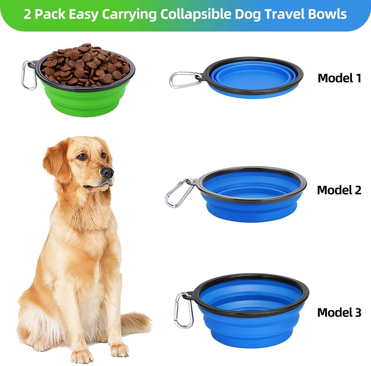 Kytely Large Collapsible Dog Bowls 2 Pack, 34Oz Foldable Dog Travel Bowl, Portable Pet Water Food Bowl with Clasp, Pet Cat Feeding Cup Dish for Traveling, Walking, Hiking (Blue+Green)