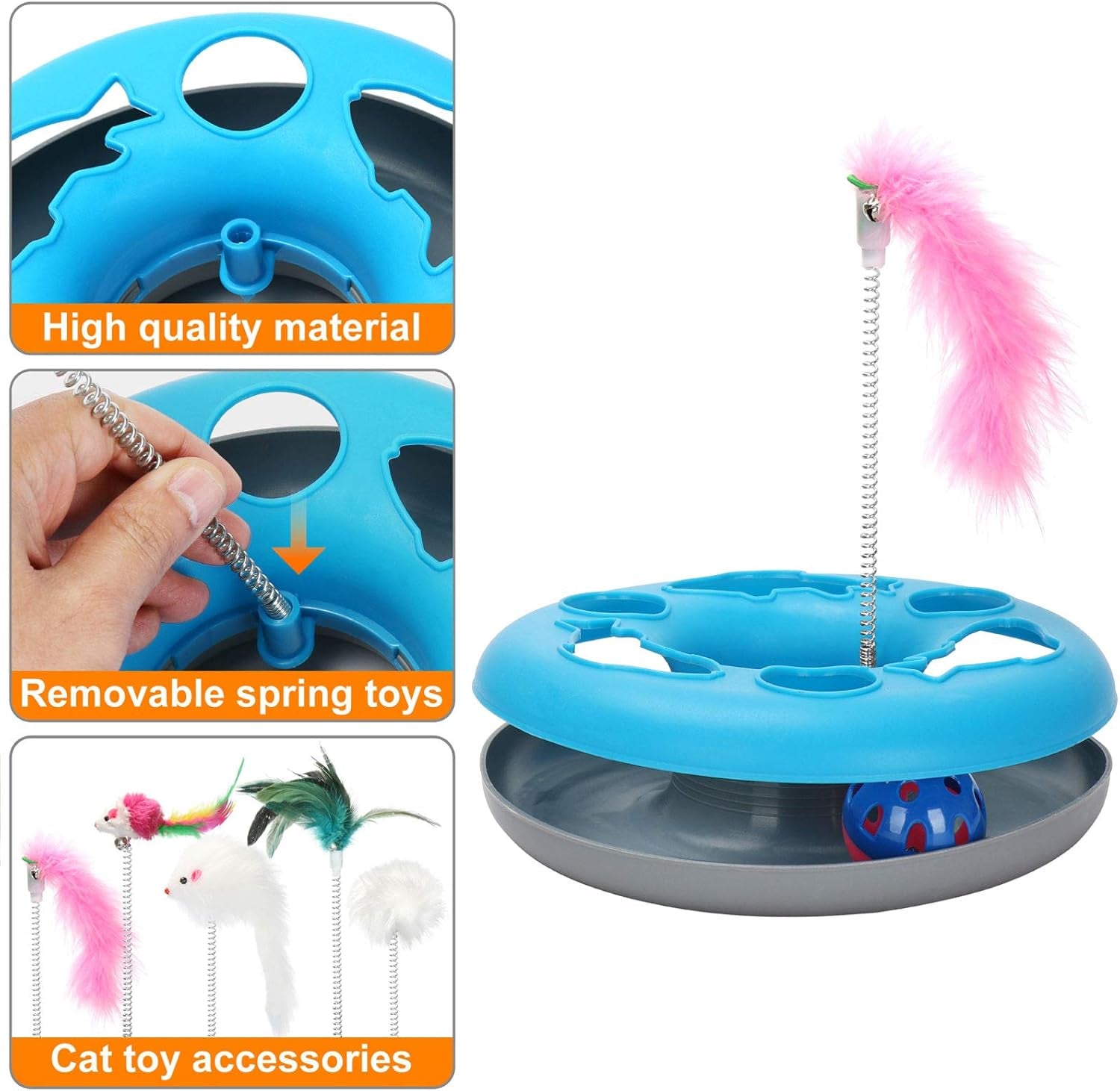 Kangna 3 in 1 Cat Toys, Cat Toys for Indoor Cats, Spring Pet Toy with Exercise Balls Teaser Mouse, Interactive Cat Toy with 5 Removable Spring Replacements - Blue