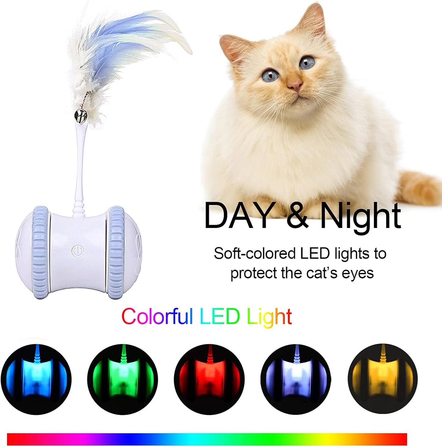 Automatic Cat Feather Toy, AMAMIA Interactive Indoor Electronic Irregular 360° Rotating Ball Rotating Cat Wheel Toys with LED Light, USB Rechargeable and Feather Replaceable (Blue)