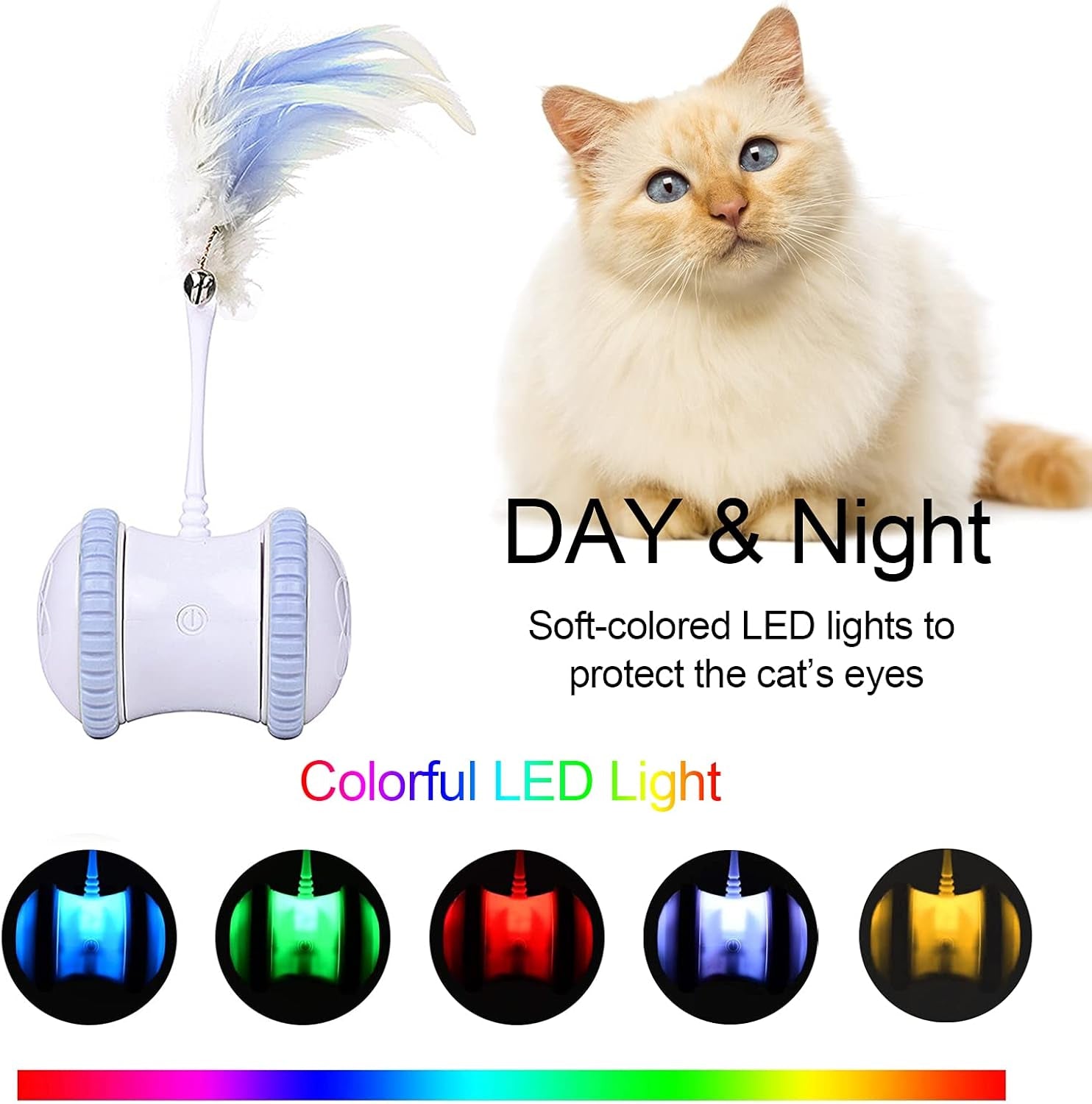 Automatic Cat Feather Toy, AMAMIA Interactive Indoor Electronic Irregular 360° Rotating Ball Rotating Cat Wheel Toys with LED Light, USB Rechargeable and Feather Replaceable (Blue)