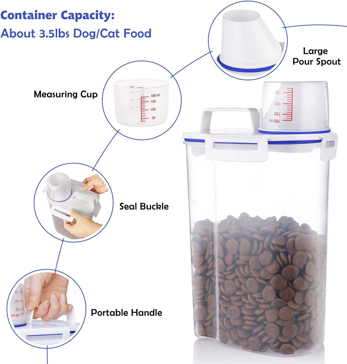 Kytely Airtight Pet Food Storage Container with Measuring Cup and Scoop, Small Size for Dogs, Cats, and Birds (White)