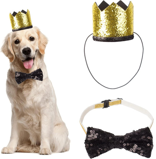 ADOGGYGO Wedding Dog Hat and Dog Bow Tie Set, Cute Wedding Dog Crown Hat and Dog Bowtie Collar for Dog Party Supplies (Black)