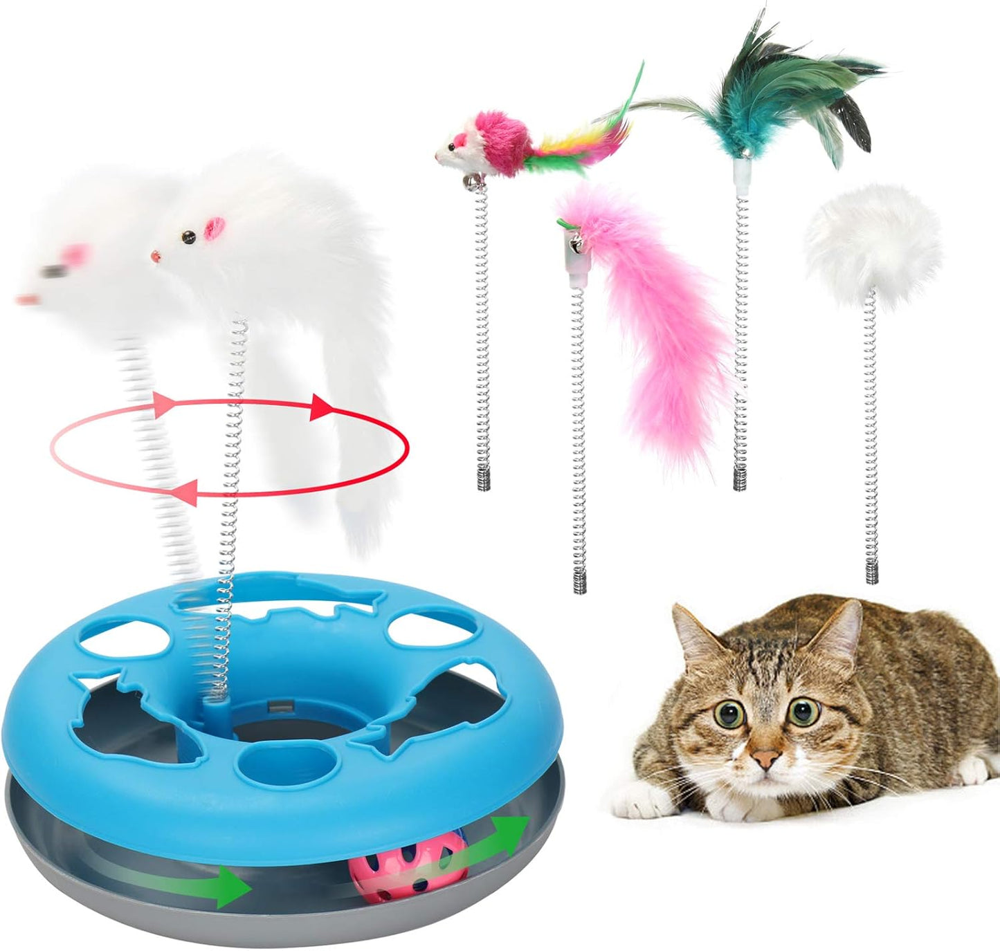Kangna 3 in 1 Cat Toys, Cat Toys for Indoor Cats, Spring Pet Toy with Exercise Balls Teaser Mouse, Interactive Cat Toy with 5 Removable Spring Replacements - Blue