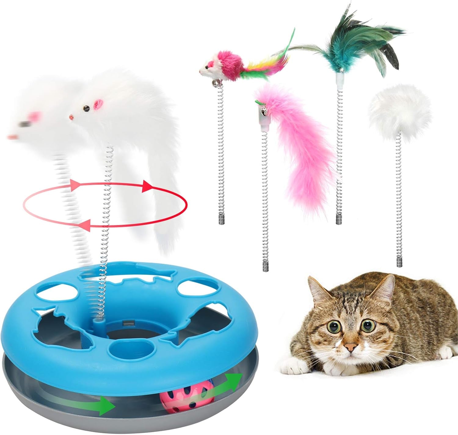 Kangna 3 in 1 Cat Toys, Cat Toys for Indoor Cats, Spring Pet Toy with Exercise Balls Teaser Mouse, Interactive Cat Toy with 5 Removable Spring Replacements - Blue