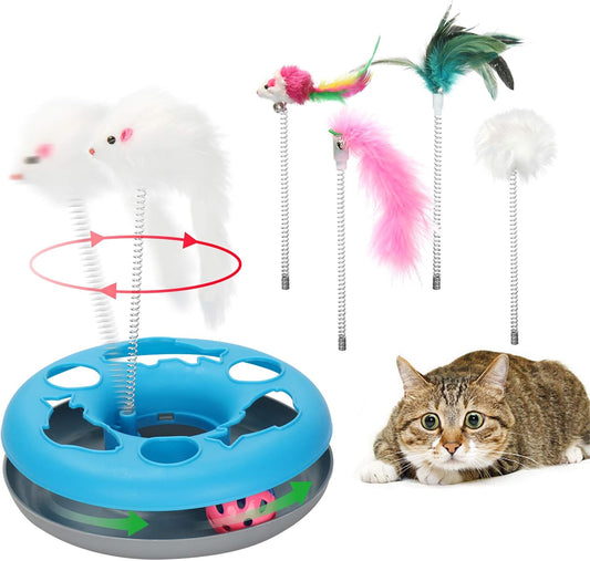 Kangna 3 in 1 Cat Toys, Cat Toys for Indoor Cats, Spring Pet Toy with Exercise Balls Teaser Mouse, Interactive Cat Toy with 5 Removable Spring Replacements - Blue