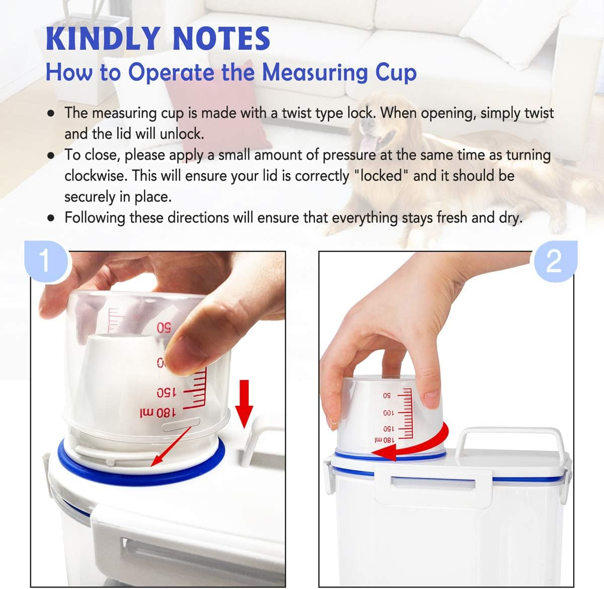 Kytely Airtight Pet Food Storage Container with Measuring Cup and Scoop, Small Size for Dogs, Cats, and Birds (White)