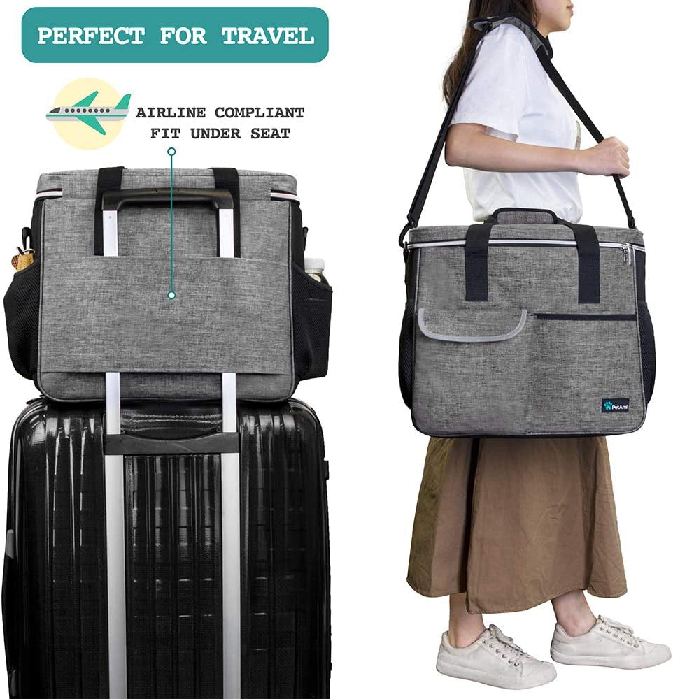 Petami Dog Travel Bag, Travel Pet Bag Organizer, Dog Food Travel Bag with Food Container and Bowls, Dog Travel Supplies Gift Accessories for Weekend Camping, Dog Cat Diaper Bag (Grey, Large)