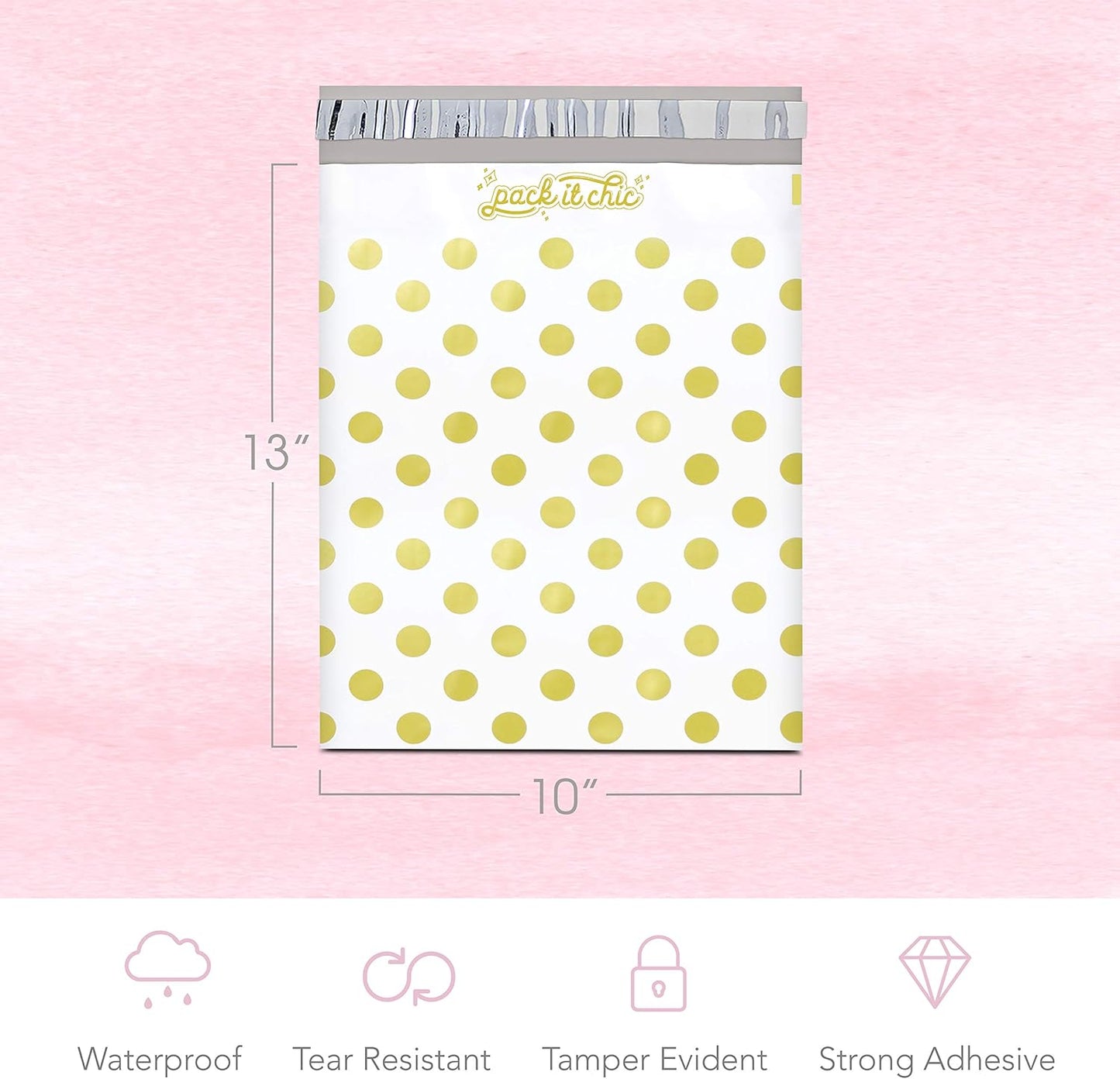 Pack It Chic - 10X13 (100 Pack) Gold Polka Dot Poly Mailer Envelope Plastic Custom Mailing & Shipping Bags - Self Seal