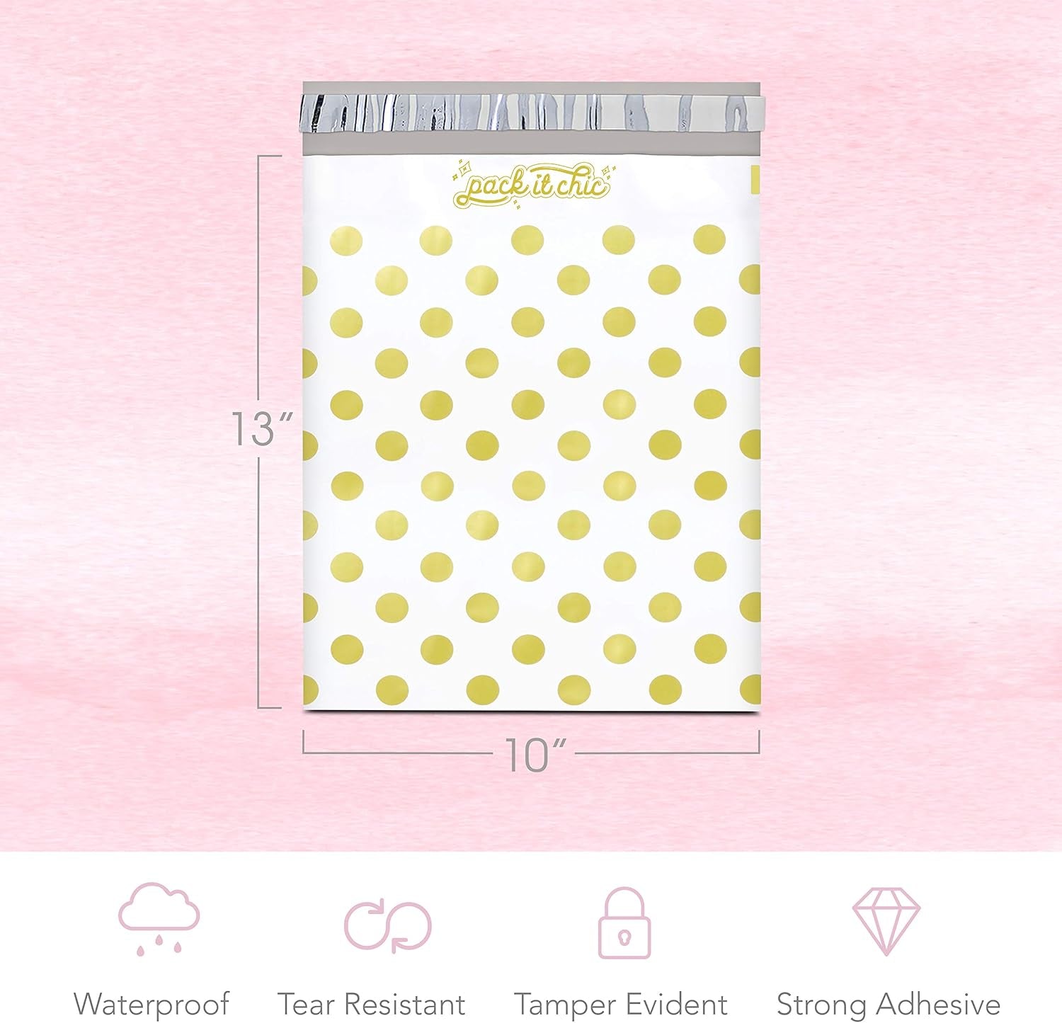 Pack It Chic - 10X13 (100 Pack) Gold Polka Dot Poly Mailer Envelope Plastic Custom Mailing & Shipping Bags - Self Seal