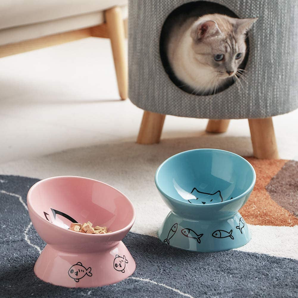 Sweejar Ceramic Raised Cat Bowls, Slanted Cat Dish Food or Water Bowls, Elevated Porcelain Pet Feeder Bowl Protect Cat'S Spine, Stress Free, Backflow Prevention(Pink)