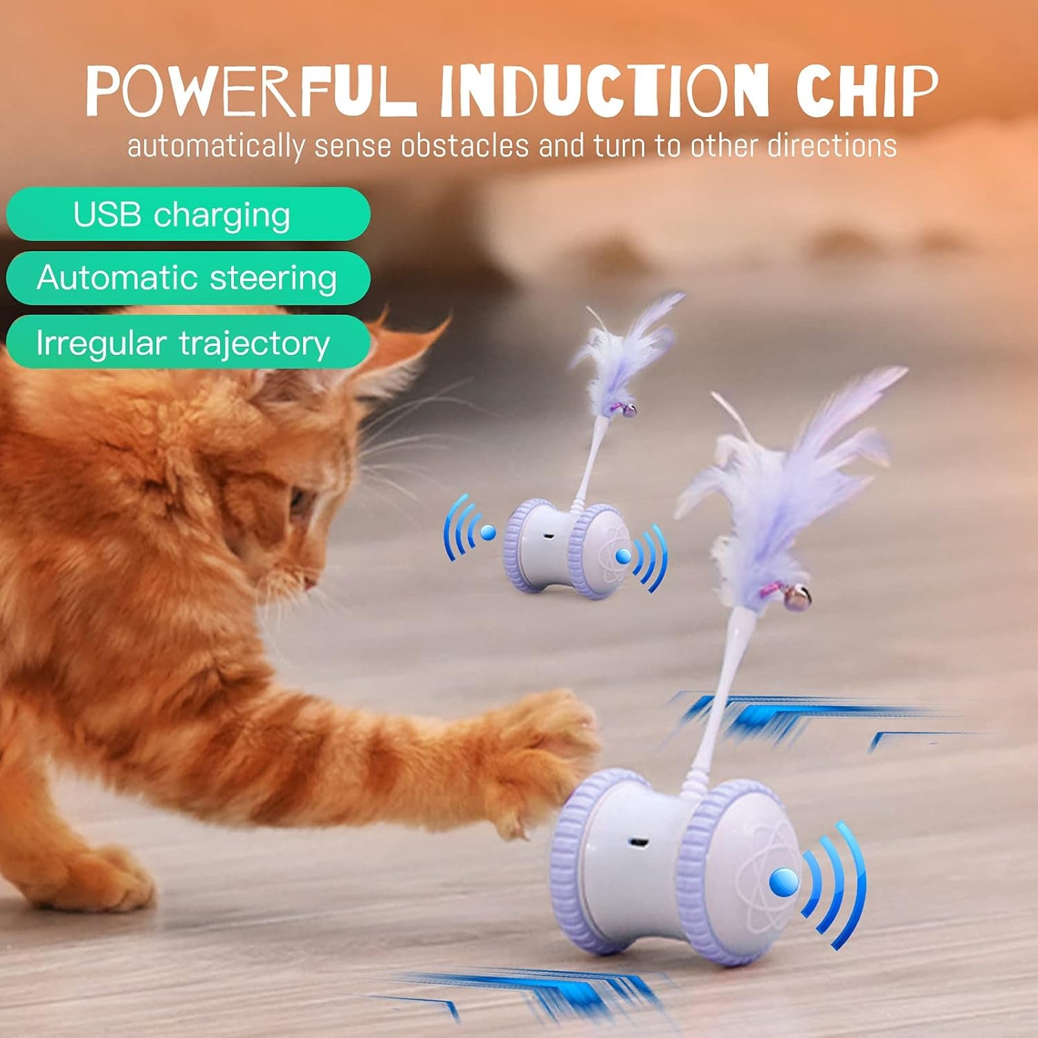 Automatic Cat Feather Toy, AMAMIA Interactive Indoor Electronic Irregular 360° Rotating Ball Rotating Cat Wheel Toys with LED Light, USB Rechargeable and Feather Replaceable (Blue)