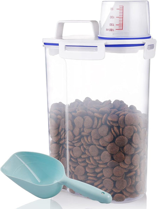 Kytely Airtight Pet Food Storage Container with Measuring Cup and Scoop, Small Size for Dogs, Cats, and Birds (White)