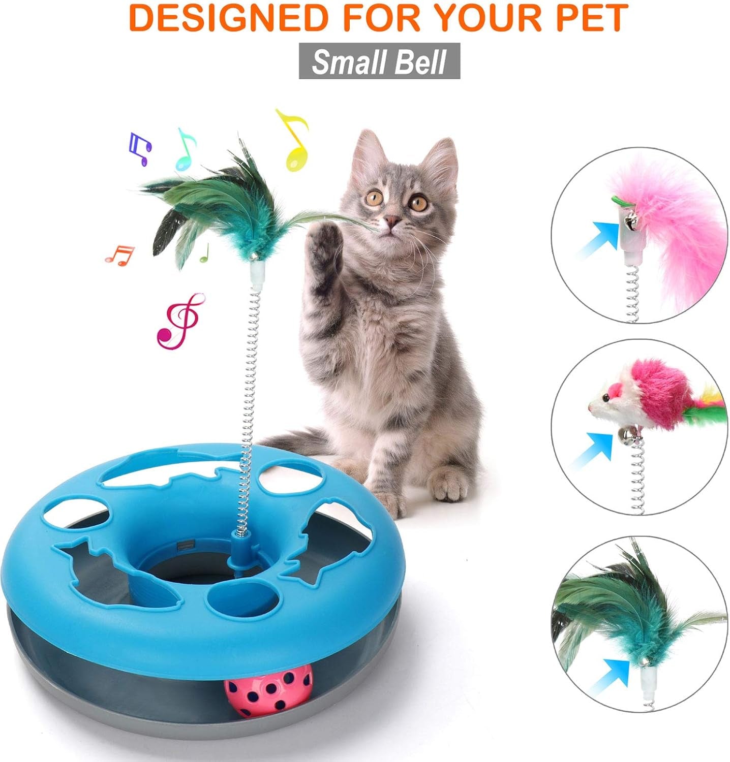 Kangna 3 in 1 Cat Toys, Cat Toys for Indoor Cats, Spring Pet Toy with Exercise Balls Teaser Mouse, Interactive Cat Toy with 5 Removable Spring Replacements - Blue