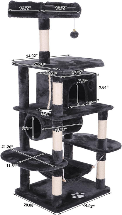 BEWISHOME Cat Tree Condo Furniture Kitten Activity Tower Pet Kitty Play House Playground with Sisal Scratching Posts Perch Hammock Tunnel Grey MMJ02H