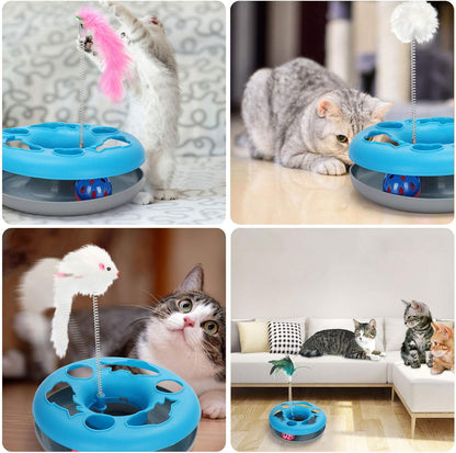 Kangna 3 in 1 Cat Toys, Cat Toys for Indoor Cats, Spring Pet Toy with Exercise Balls Teaser Mouse, Interactive Cat Toy with 5 Removable Spring Replacements - Blue