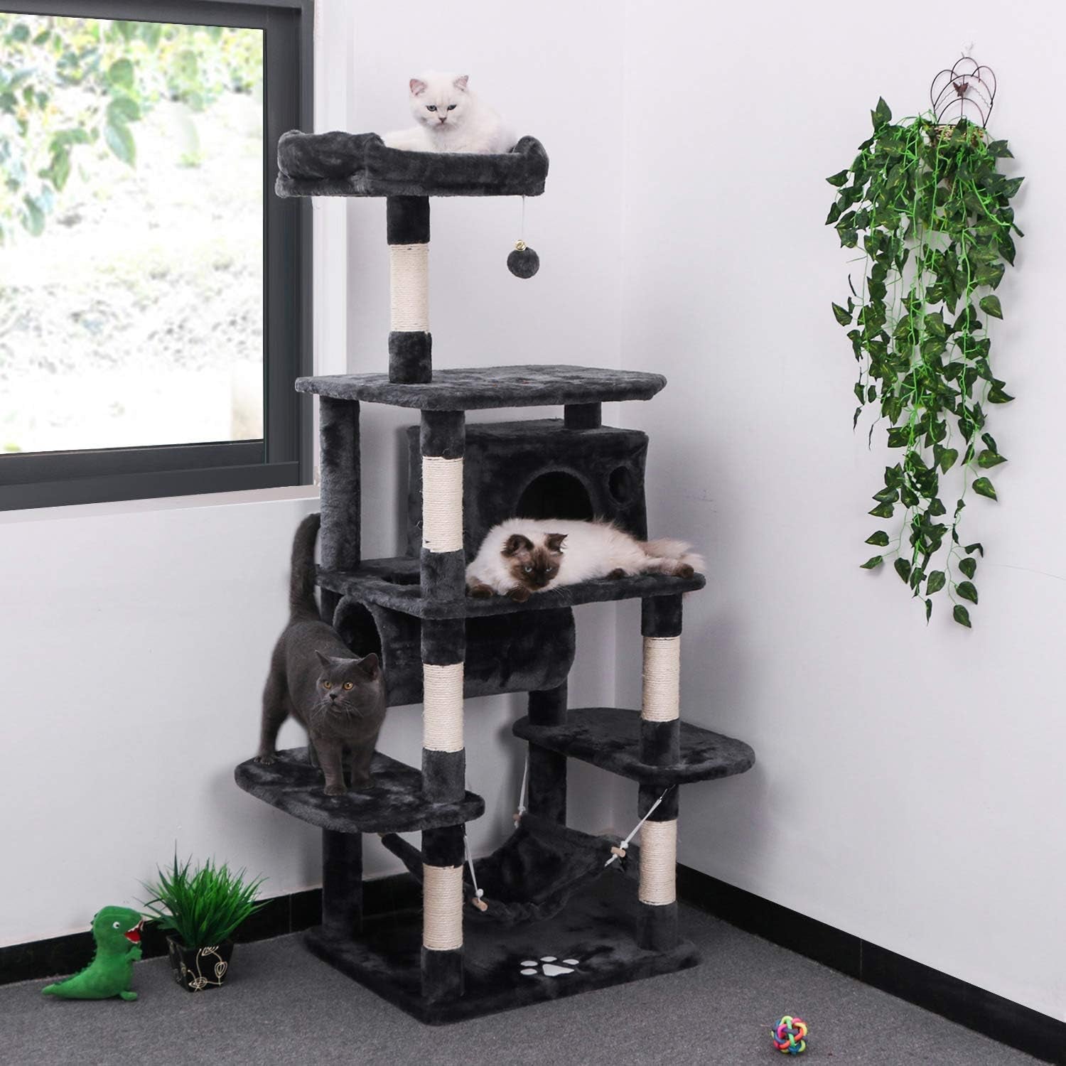 BEWISHOME Cat Tree Condo Furniture Kitten Activity Tower Pet Kitty Play House Playground with Sisal Scratching Posts Perch Hammock Tunnel Grey MMJ02H