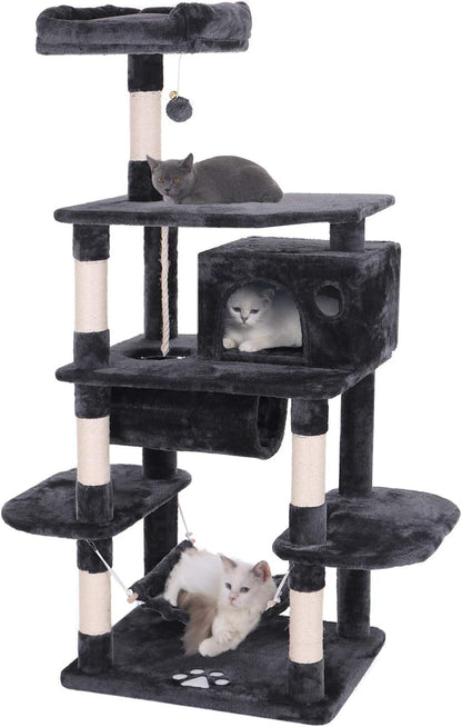 BEWISHOME Cat Tree Condo Furniture Kitten Activity Tower Pet Kitty Play House Playground with Sisal Scratching Posts Perch Hammock Tunnel Grey MMJ02H