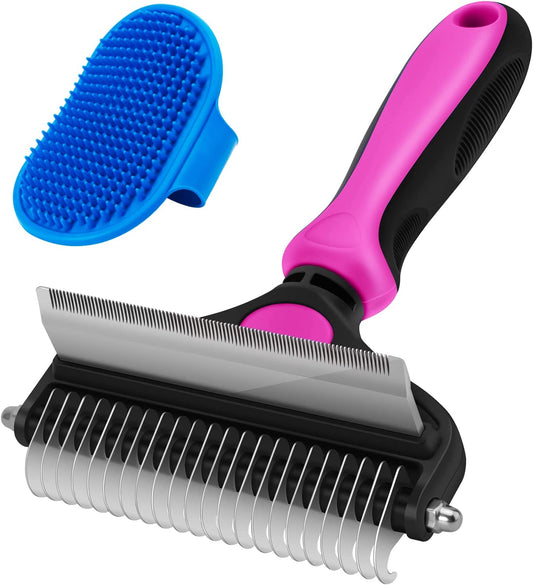 CGBE Dog Brush and Cat Brush, 2 in 1 Pet Undercoat Rake Grooming Tool for Deshedding, Mats & Tangles Removing, Shedding Brush and Dematting Comb for Large Small Dogs & Cats' Long & Short Hair Remover