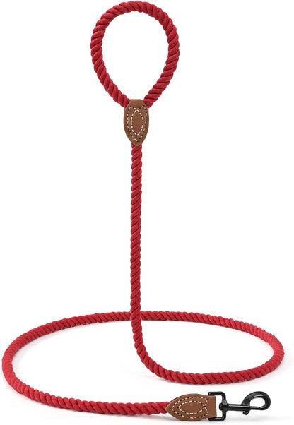 Mile High Life Dog Leash, Braided Cotton Rope Leashes with Leather Tailor Tip with Leather Tip - Heavy Duty Metal Clasp, 5FT, 1/2" Thick - Wedding, Walking Leash for Medium Large Dogs(Red)