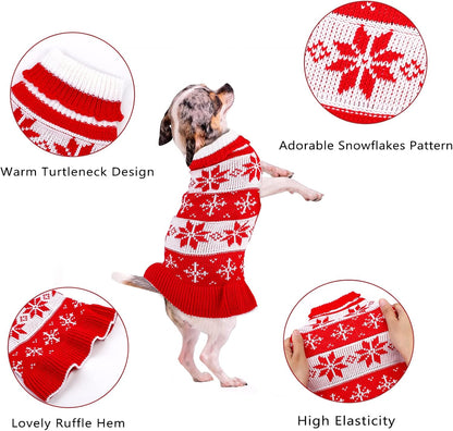 Pedgot 2 Pack Dog Christmas Dress Warm Dog Xmas Sweater Pet Christmas Clothes Stripes Dog Knit Sweater Dress Dog Winter Warm Pullover with Snowflakes and Christmas Flowers (M)