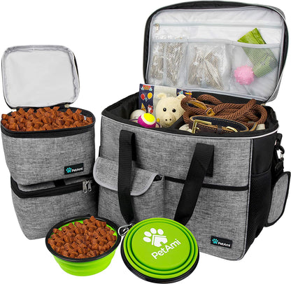 Petami Dog Travel Bag, Travel Pet Bag Organizer, Dog Food Travel Bag with Food Container and Bowls, Dog Travel Supplies Gift Accessories for Weekend Camping, Dog Cat Diaper Bag (Grey, Large)