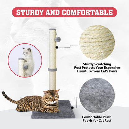 Petellow 31'' Tall Cat Scratching Post - Cat Claw Scratcher with Hanging Ball - Scratching Posts for Indoor Large Cats - Durable Stable Cat Furniture with Sisal Rope - Cat Scratch Post-Grey