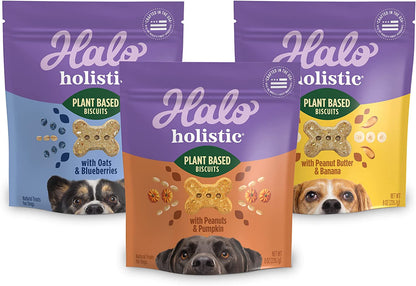 Halo Holistic Vegan Dog Treats Variety Pack, Plant-Based Three Bag Treat Pack with Oats & Blueberries, Peanut Butter & Banana, Peanuts & Pumpkin, 8 Oz Bag(Pack of 3)