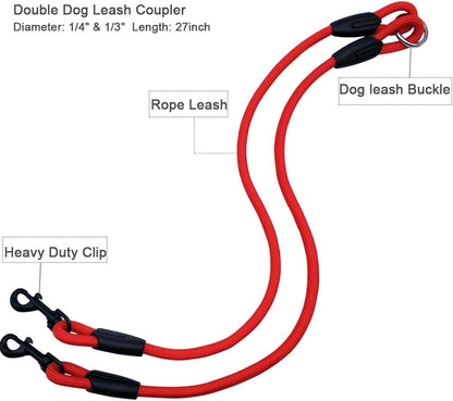 Maypaw Double Dog Leash, Rope 2 Dog Dual Leash 360° Swivel No Tangle Coupler 2 Dogs Leash