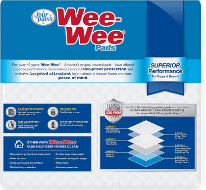 Four Paws Wee-Wee Superior Performance Unscented Pee Pads for Dogs & Puppies, Quilted Leak-Proof Dog Housebreaking Potty Training Floor Protection, 22" X 23", 100 Count