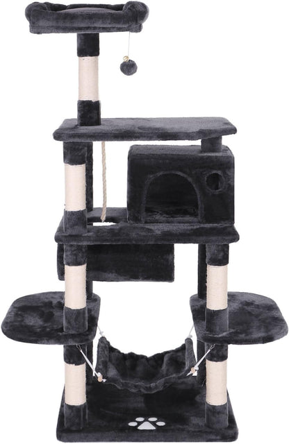 BEWISHOME Cat Tree Condo Furniture Kitten Activity Tower Pet Kitty Play House Playground with Sisal Scratching Posts Perch Hammock Tunnel Grey MMJ02H