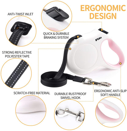 Fida Retractable Dog Leash with Dispenser and Poop Bags, 10 Ft Pet Walking Leash for X-Small Dog or Cat up to 18 Lbs, Anti-Slip Handle, Tangle Free, Reflective Nylon Tape (XS, White)
