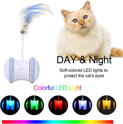 Automatic Cat Feather Toy, AMAMIA Interactive Indoor Electronic Irregular 360° Rotating Ball Rotating Cat Wheel Toys with LED Light, USB Rechargeable and Feather Replaceable (Blue)
